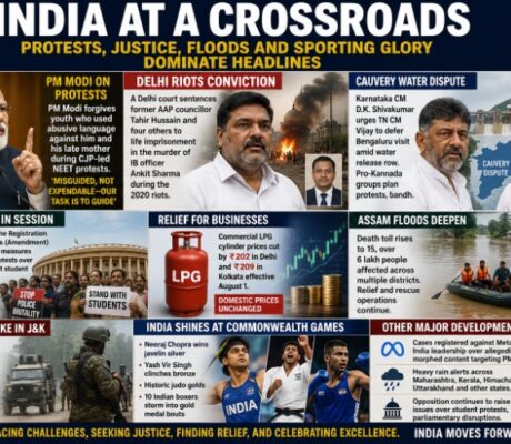 INDIA REELS FROM PROTESTS, APOLOGIES, JUSTICE, FLOODS AND SPORTING GLORY