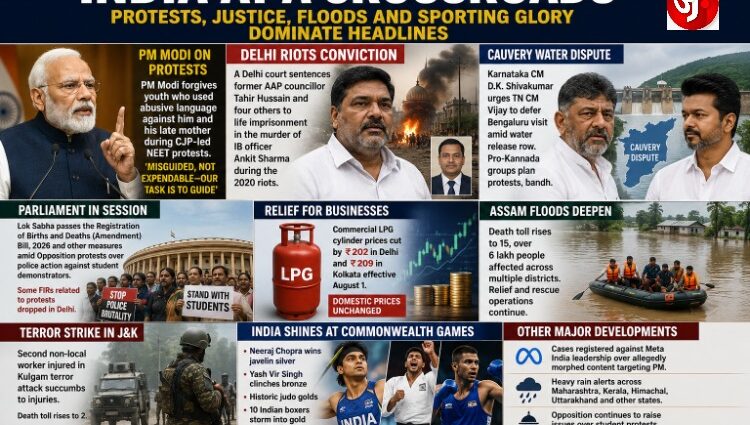 INDIA REELS FROM PROTESTS, APOLOGIES, JUSTICE, FLOODS AND SPORTING GLORY