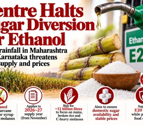 Centre Halts Sugar Diversion for Ethanol as Poor Rainfall Threatens Cane Supply and Prices